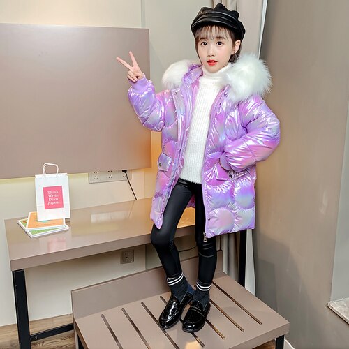 Chaqueta acolchada de plumón brillante para niña, abrigos de algodón sin lavado, ropa de invierno de longitud media, novedad: Purple / 6T 120CM