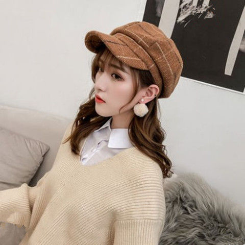 Falll Winter Plaid Wool Newsboy Hat for Women Octagonal Newsboy Cap Ladies French Disigner Hat Casual Hat Girls Painter Cap
