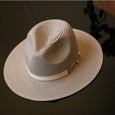Sommer sol hat damer bred rand metal bælte halm hatte panama cap kvinder ensfarvet hat: Grå