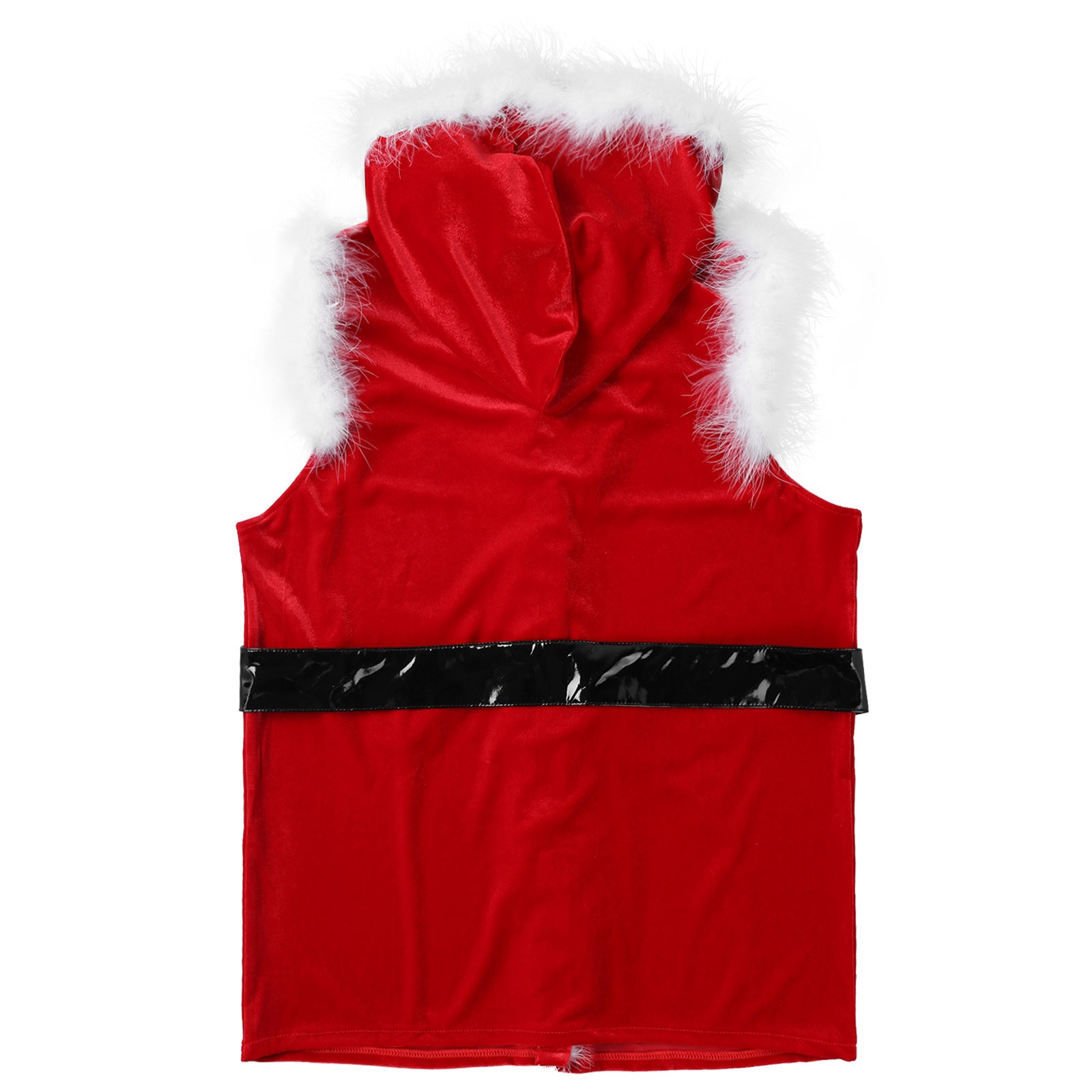 Men Red Soft Velvet Hooded Vest Waistcoat Sleeveless Faux Fur Trim Christmas Costume Party Santa Claus Cosplay Dress Up