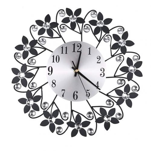 Round Rhinestone Flower Wall Clock Living Room Home Restaurant Hanging Decor: Black