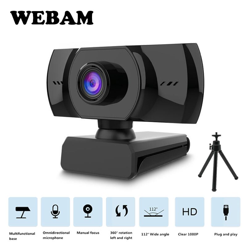Webcam HD 1080P Fixed Focus USB Web Camera with Microphone Light Tripod for Live Broadcast Video Calling Conference Work