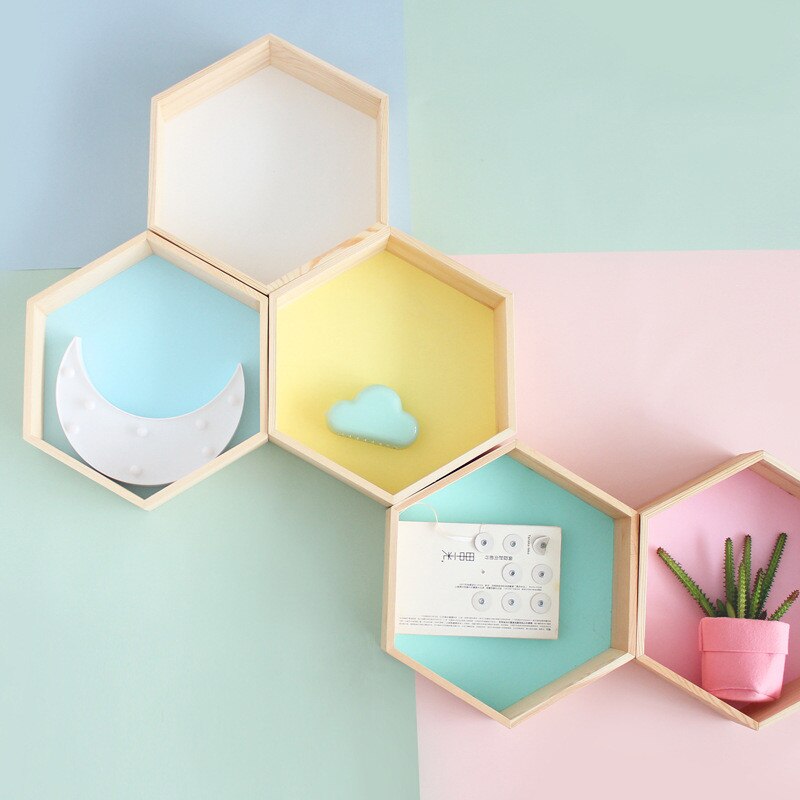 Neue Holz Hexagon Wanddekoration Baby Zimmer/Schlafzimmer Candy Organisation Aufhänger Fotografie Requisiten Regale Storage Decor Polygon Box