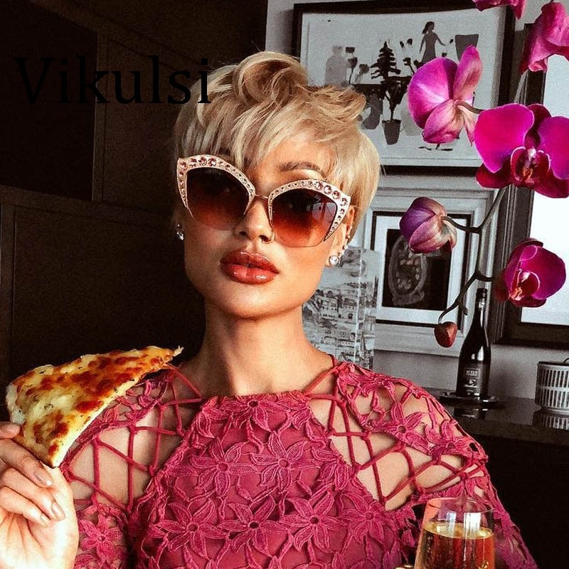 Merkki kissansilmä vaaleanpunaiset aurinkolasit naisen varjostimet peili naispuolinen tekojalokivi aurinkolasit naisten pinnoitteelle gafas  uv400