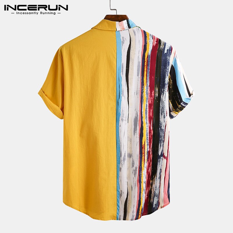 Incerun herre stribede patchwork skjorter afslappet kortærmet skjorte med reverstryk sommer løs hawaiiansk camisa s -3 xl 7