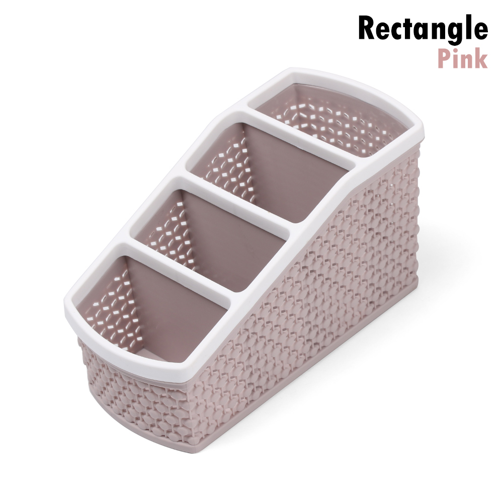 1pc rotan gevlochten multi-grid houder desktop organizer opbergdoos bureau afwerking bureau decoratie kantoorbenodigdheden schoolbenodigdheden: Rechthoek roze