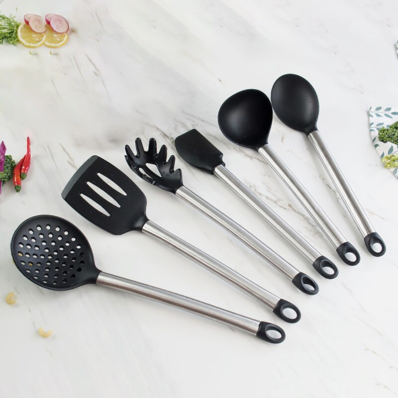 Silikon kjøkkenutstyr sett varmebestandig bakeredskap slikkepott spade suppeskje med trehåndtak non-stick kokekar