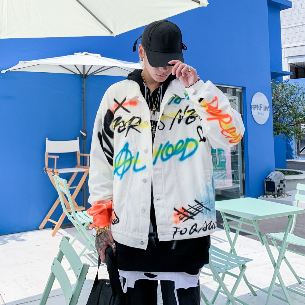 Graffiti Print Wit Denim Jassen Streetwear Hip Hop Casual Punk Rock Jeans Jas Jassen Uitloper Hipster Tops WQ173