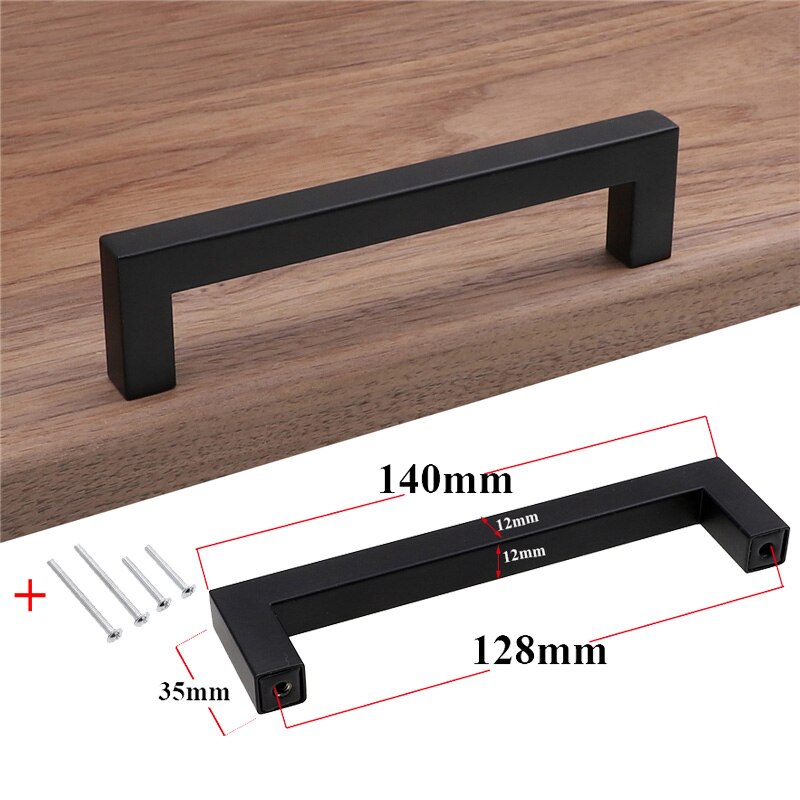 Modern Black Cabinet Handle Square Furniture Hardware Stainless Steel Kitchen Door Knobs Cupboard Wardrobe Drawer Pulls: 128mm