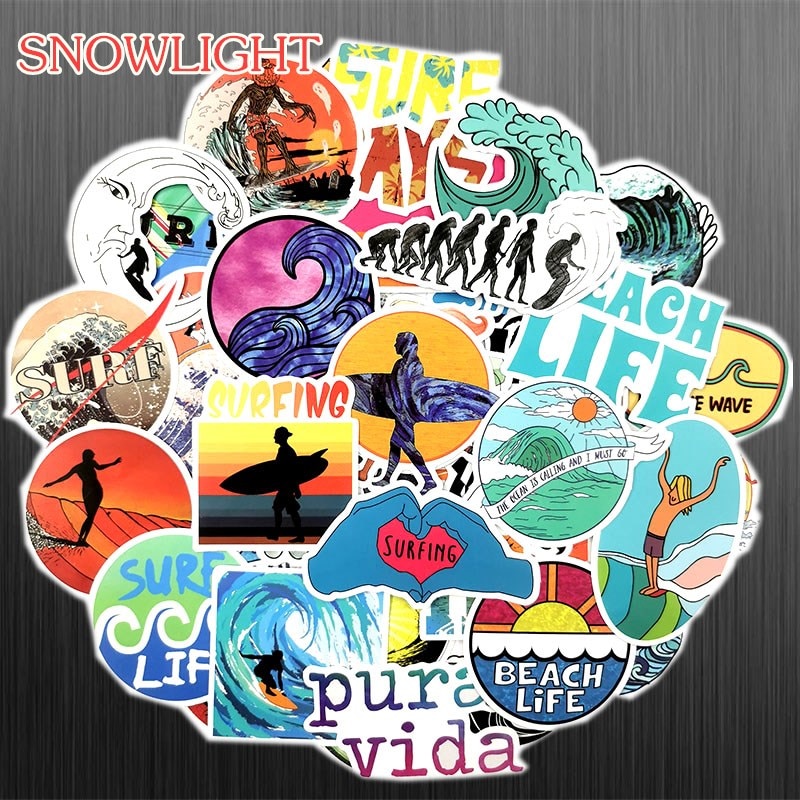 50Pcs/Set INS Fun Beach Surfing Stickers For Laptop Luggage Skateboard Guitar Motocycle Doodle Decor Helmet Surfboard Stickers