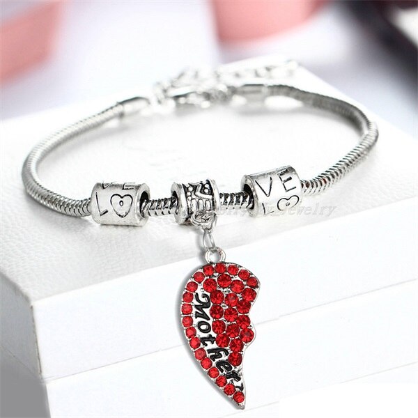 2PC Clear Color Red Pink Blue Crystal Rhinestone Heart Mother Daughter Bangle Bracelets Mom Mommy Girls Women Family Party: Red Mother