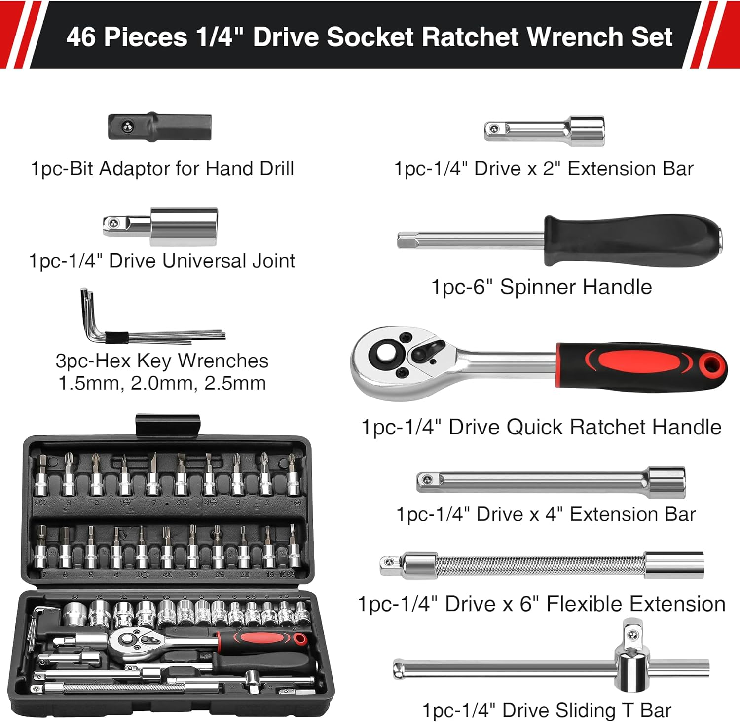 46pcs Car Repair Tool Kit 1/4-Inch Socket Set Car Repair Tool Ratchet Torque Wrench Combo Auto Repairing Set Mechanic Tool