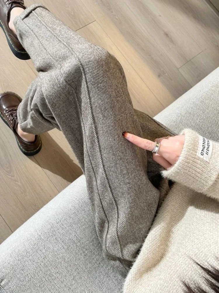 Pantalones rectos de Tweed de cintura alta para mujer, pantalón corto grueso y cálido, holgado, informal, en espiga, otoño/invierno, 2025