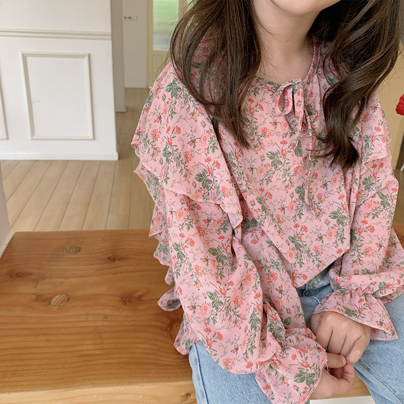 Primavera para chicas blusas florales de gasa 2-7 años para niños Tops ropa casual suelta