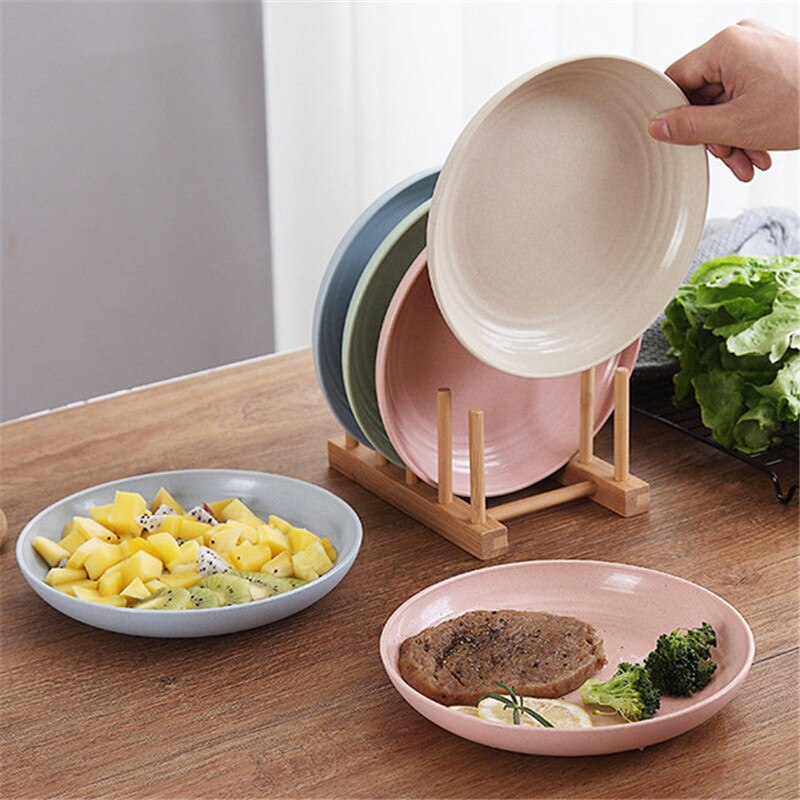 4 Pcs Eco-friendly Food Snack Dish Plate Wheat Straw Lunch Dinner Dessert Fruit Plate Tray Tableware 4 Colors Serving Plates