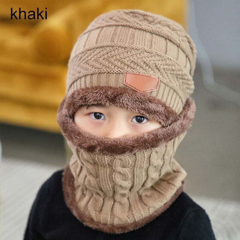 1 pz cappello sciarpa Set bambini fagiolo lavorato a maglia sciarpa berretto bambini autunno inverno pile caldo cappello sciarpa lavorata a maglia per ragazzi ragazze: khaki