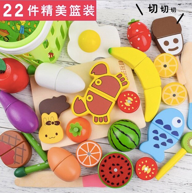 Wooden cutting fruit kitchen toy Food Toys Fruit Fish Vegetable Blocks Montessori preschool educational toy kids Birthday: 22pcs