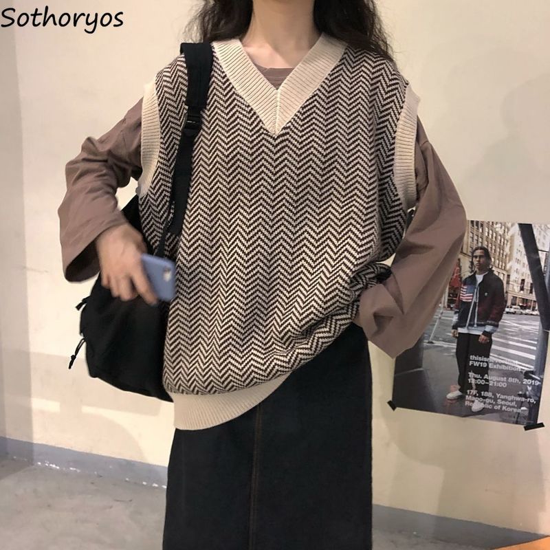 Sweater Vest Women Korean Style Casual V-neck Patchwork Jacquard Jumpers Streetwear Ladies Soft Retro All-match