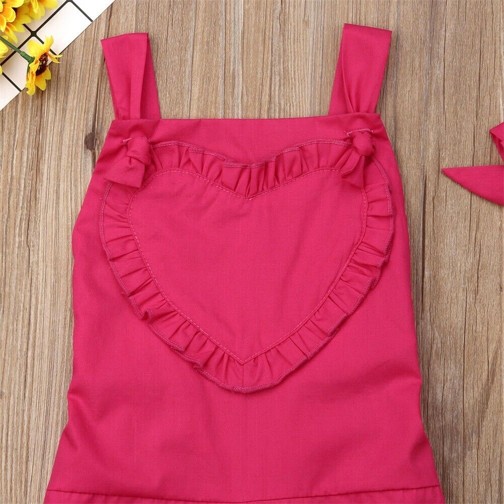 Baby sommer tøj barn baby pige hjerte patch romper flæse bib bukser ærmeløs solid overall + pandebånd bomuldstøj