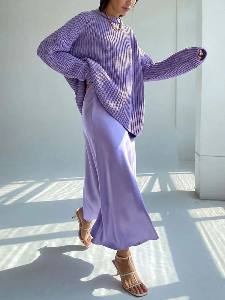 Silke satin nederdele til kvinder højtaljet nederdel kvinder a-linje nederdele sommer pink midi nederdel koreansk stil: L / Lavendel