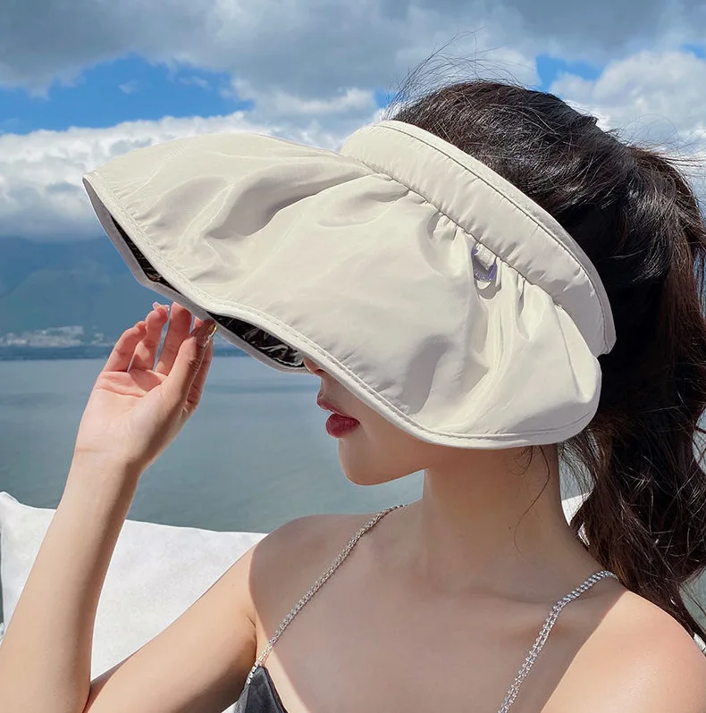 Summer UV Protection Women Sun Hats Solid Color Outdoor Beach Wide Brim Foldable Bucket Hat Ponytail Caps Panama Cap: army green