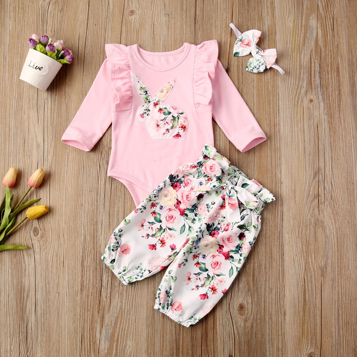 Baby Zomer Kleding Peuter Kids Baby Meisje Outfits Kleding Bunny Bloemen Romper Tops + Bloemen Broek Hoofdband 3 Pcs set