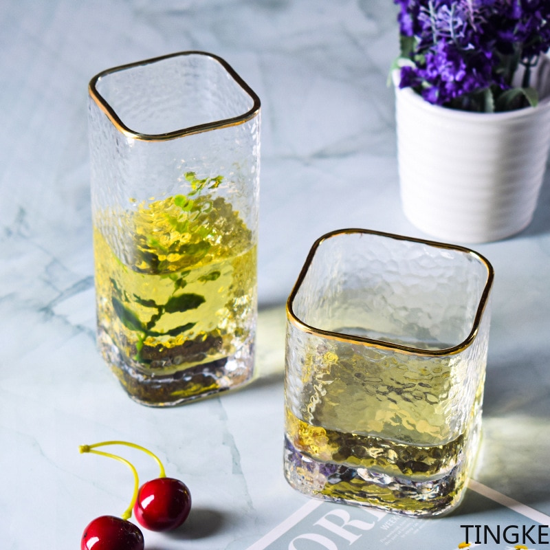 Japanese hammered glass with gold rim, square water glass crystal glass, round raindrop water glass, juice glass