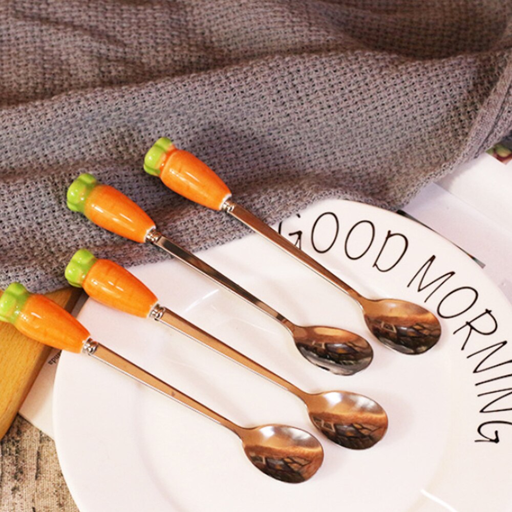 Stainless Steel Spoon with Ceramic Radish Handle Cutlery Coffee Dessert Long Handle Spoon