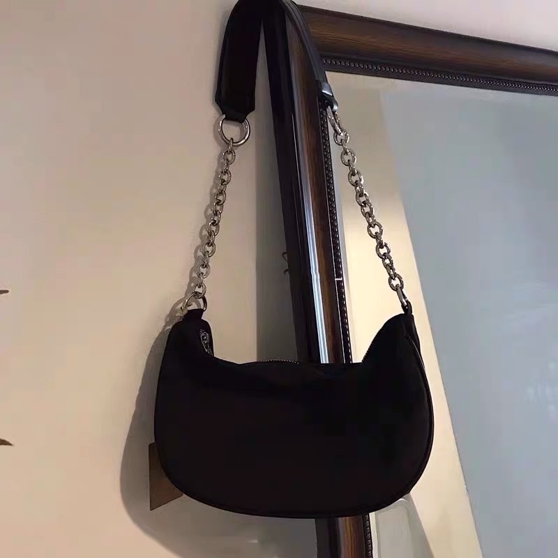 Vintage Nylon Chain Shoulder Hobo Bags For Women Black Crossbody Messenger Bag Female Casual PU Handbags Travel Purses