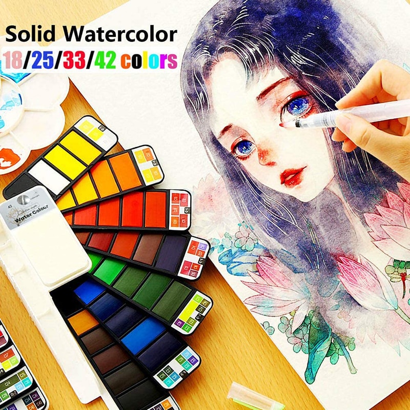 "Juego de pintura de acuarela sólida Superior 18/25/33/42 con pincel de agua plegable Color de viaje pigmento para dibujar acuarelas profesionales watercolor arte pintar"
