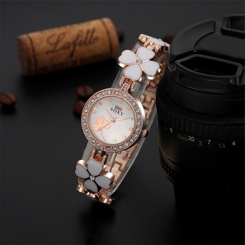 Soxy merk roségouden armbandhorloge dames luxe quartzhorloge met strass, volledig stalen bloemenhorloge dameshorloge relogio feminino