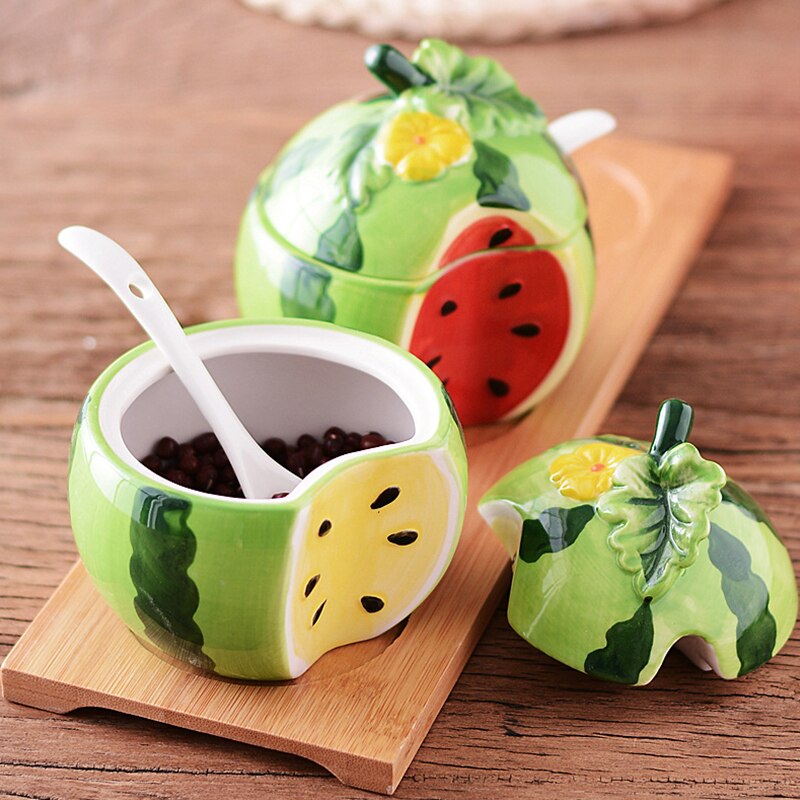 Botella creativa de cerámica para condimentos, recipiente de almacenamiento con forma de melón y fruta, suministros de Decoración de cocina, Bol de azúcar con tapa y cuchara