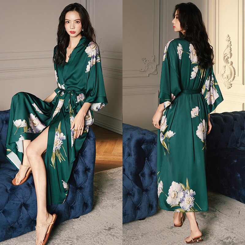 Albornoz tipo kimono largo con estampado de flores para mujer, bata de boda Sexy de media manga, camisón de rayón para primavera y verano, vestido para casa, ropa de dormir