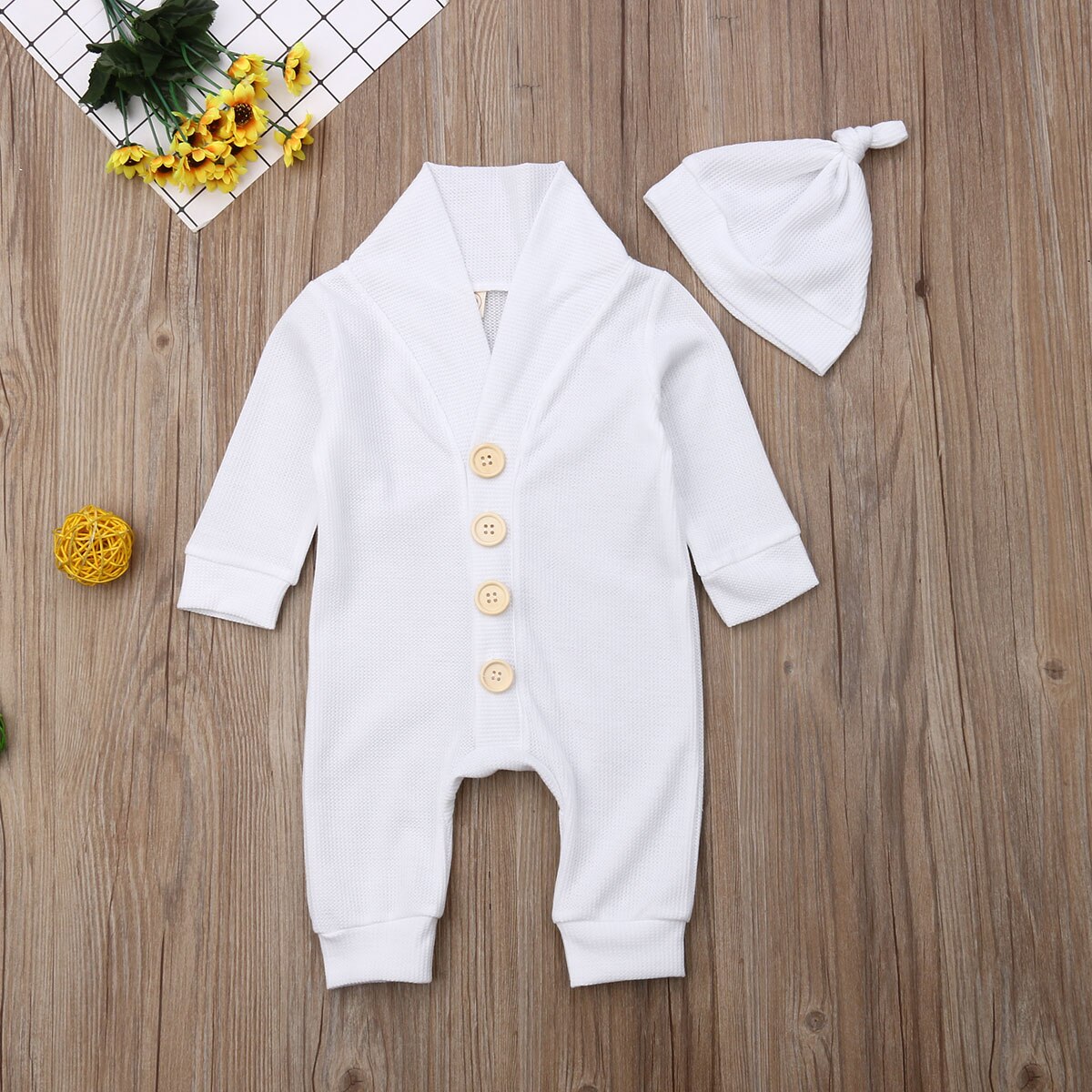 Baby Autumn Winter Clothing 0-18M Infant Baby Kid Boy Girl Knitted Romper Hat 2pcs Button White Single Breasted Jumpsuits