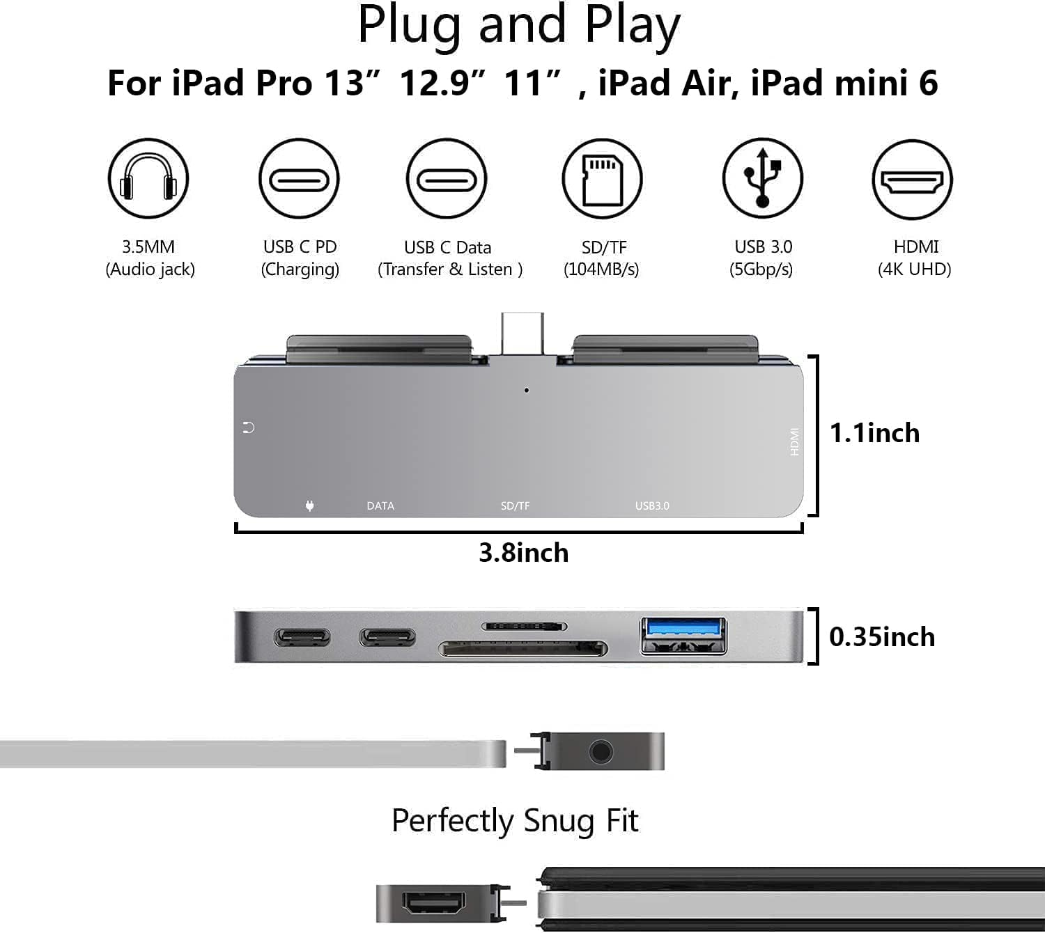 USB C HUB for iPad Pro 7-in-1 Adapter iPad Pro 12.9 11 inch iPad Air 5 4 Docking Station with 4K HDMI, USB-C PD, SD/TF Card Read