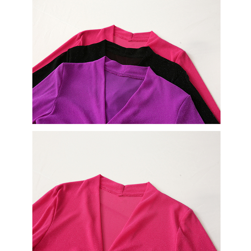 Europeiska kläder höst sexiga v-ringade knappar glansiga draperade damtopper långärmade bottenskjortor smala t-shirts 48014