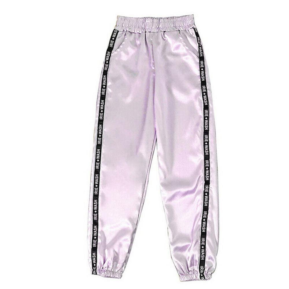 Women Baseball Pants Letter Pocket Elastic Waist Reflective Sport Ribbon Trousers Pants Sweatpants Streetwear: purple / XL