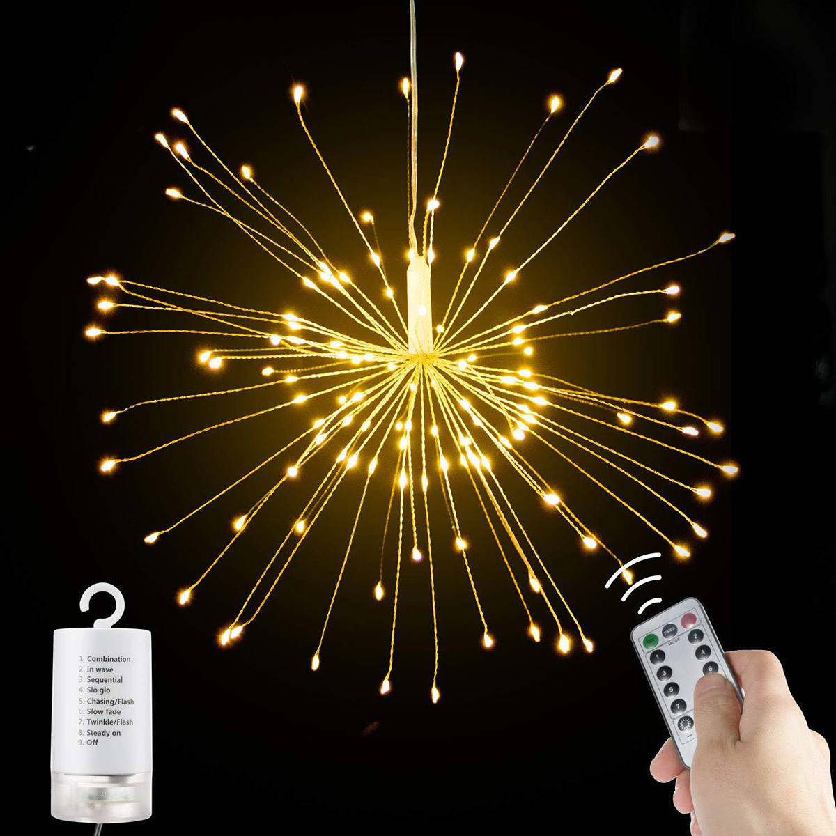 Vuurwerk, lichtslingers, bloemenslingers, LED-lichtjes op batterijen, kamperen op afstand, feesten, tuinen, Kerstmis op afstand