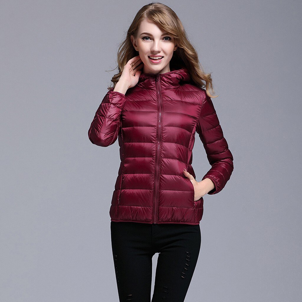 Winter Coat Women Ultra Light Down Jacket White Duck Down Hooded Jackets Parka Casual Female Long Sleeve Solid Outwear Coat: Burgundy / XL