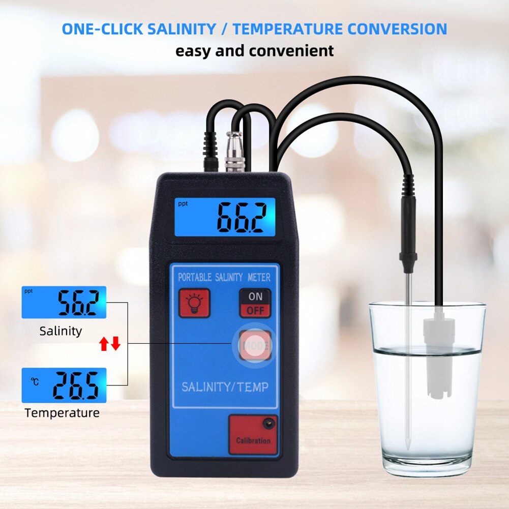 Salinity Meter Portable Digital Outdoor Aquaculture Temperature Tester Replaceable Probe Salt Content Lab LED Display Backlight