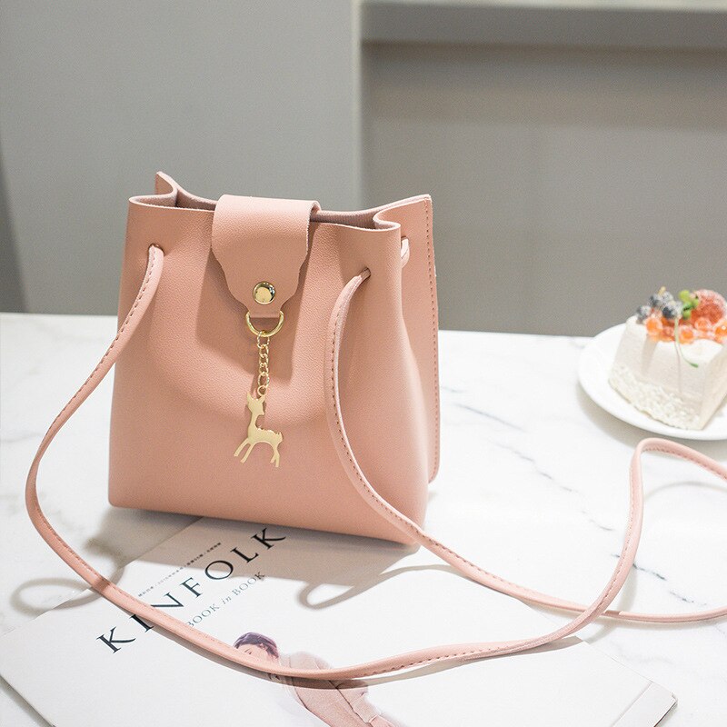 Spring Small Bucket Bag Women Deer PU Leather Shoulder Bag Female Wild Beam Crossbody Bag: Pink