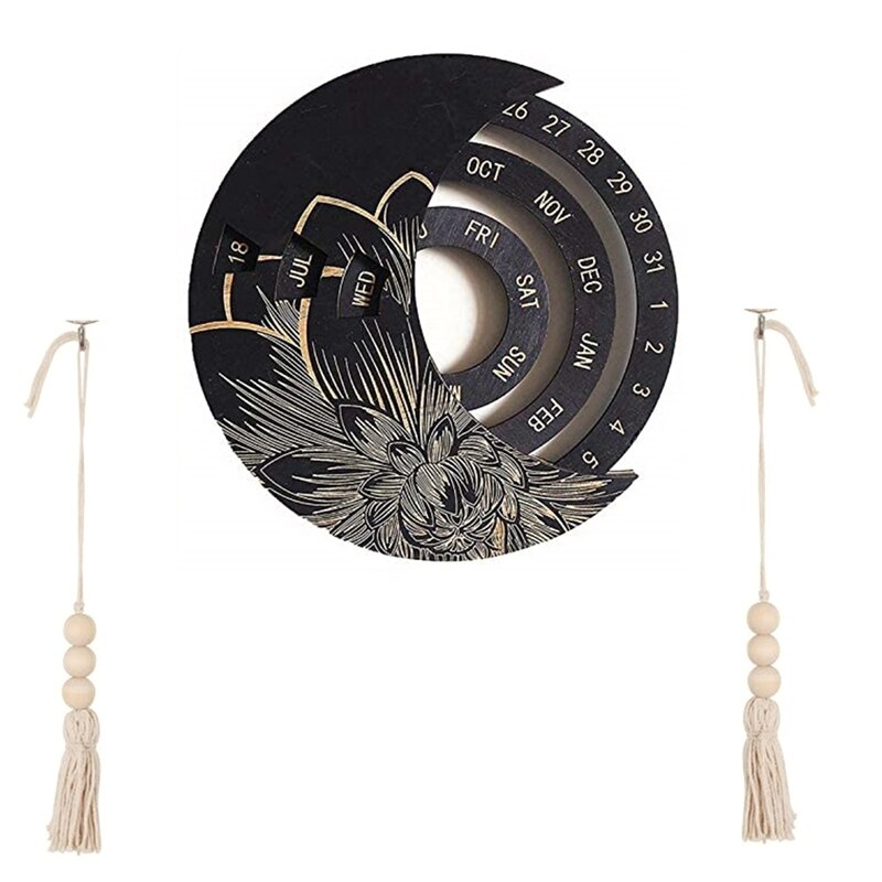 Wooden Perpetual Calendar,Wall Mounted Rotatable Calendar,Adjustable Circular Calendar,for Home/Office/School,10Inch: Black