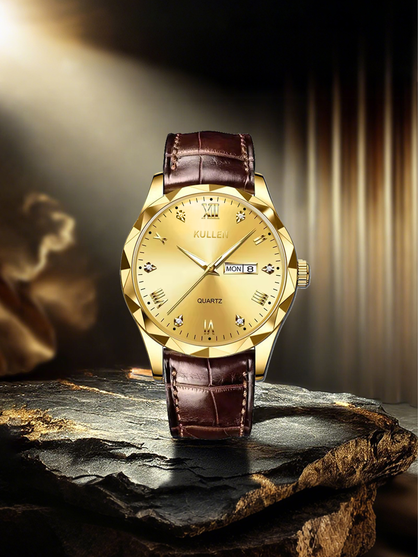 Men's Quartz Watch, Leather Strap, Round Metal Dial, Business Watch