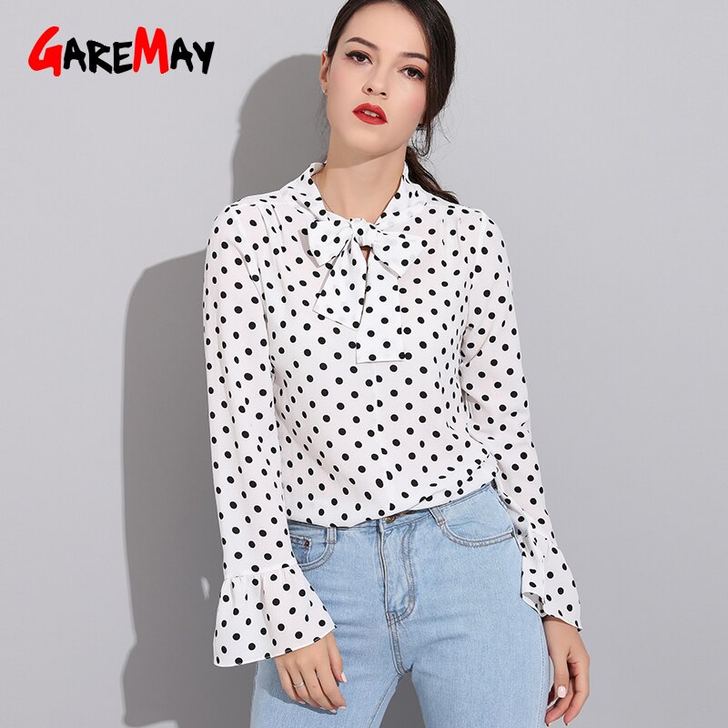 Blusa de manga larga con lunares para otoño, camisa de color blanco con lazo para mujer, de Trabajo Ropa, oficina,