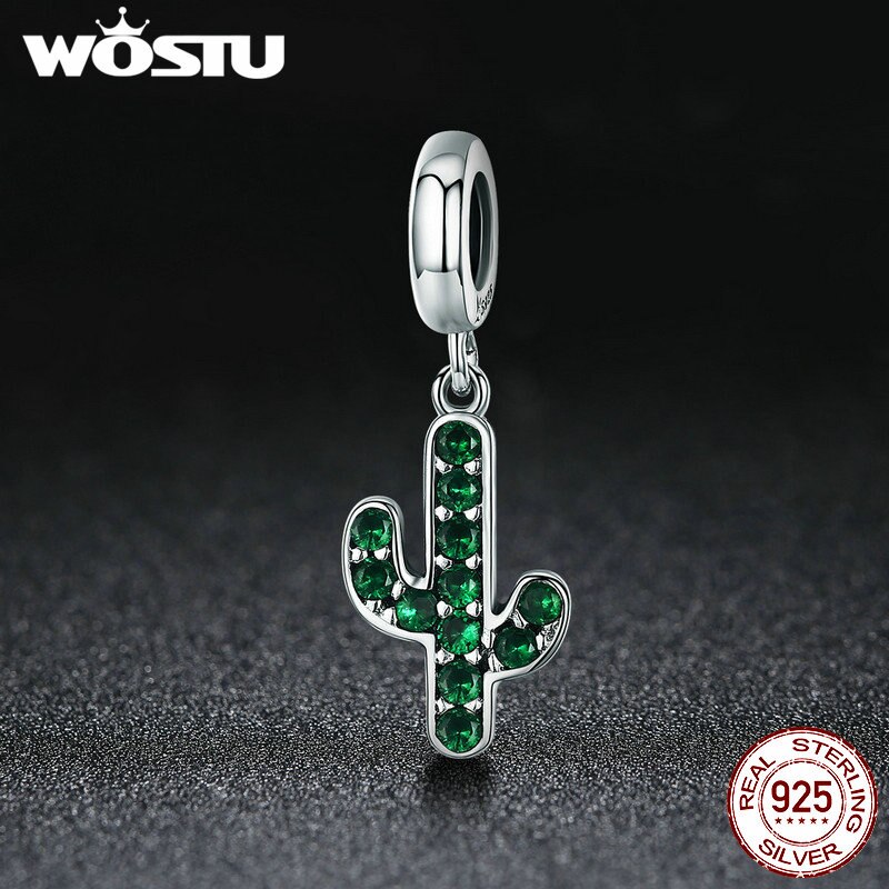 WOSTU 100% 925 Sterling Silver Forte Cactus Scintillante Verde DELLA CZ di Fascino Del Pendente adatti Delle Donne del Braccialetto di Fascino di Gioielli FAI DA TE FIC515
