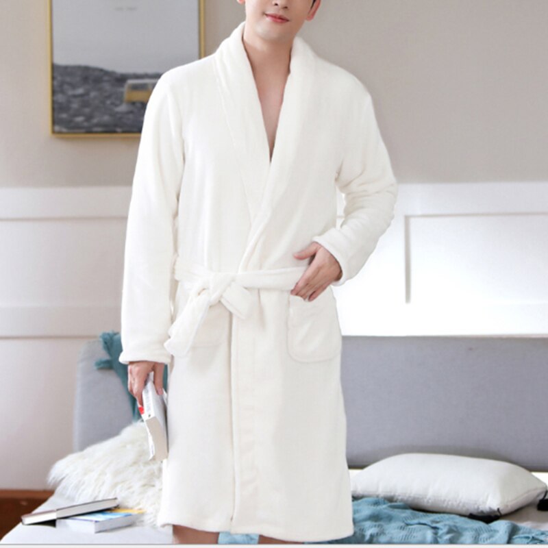 Mannen Casual Wijn Rode Kimono Badjas Herfst Winter Flanel Lang Gewaad Dikker Warme Zachte Nachtkleding Nachtjapon Mannelijke Toevallige Homewear: White