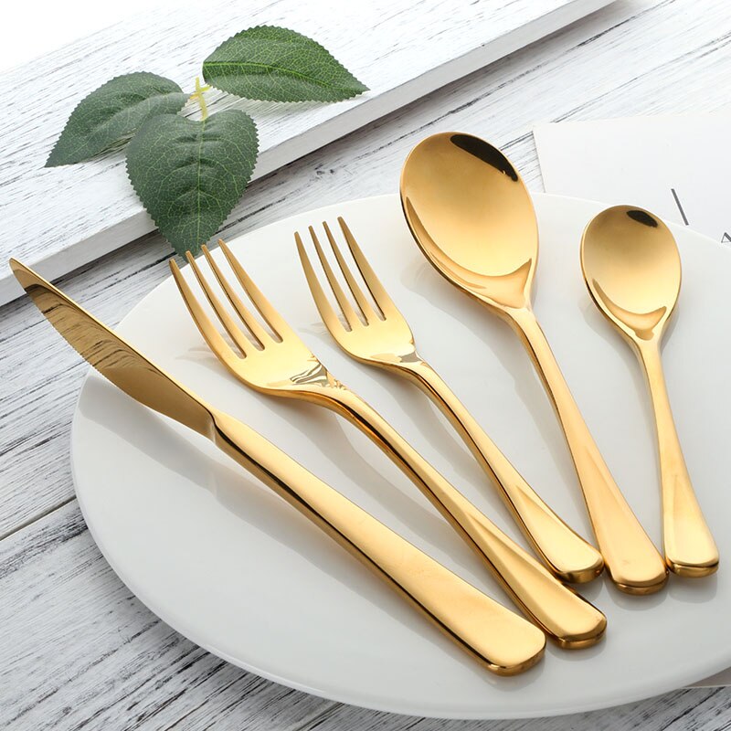 5x sort guld bestik sæt smedet 18/8 luksus bestik sæt rustfrit stål redskaber køkken spisestel kniv gaffel ske sæt  c283: Guld