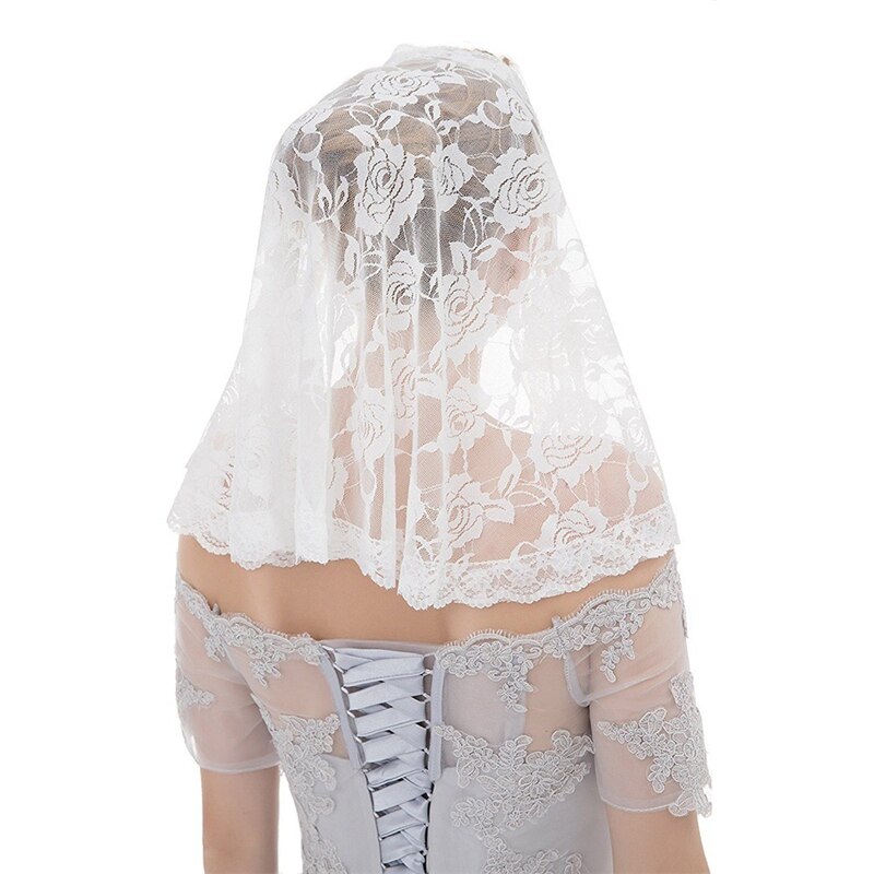 Kort hvid sort muslin bryllup blondeslør katolsk kirke blondeslør mantilla blusher slør  b40: Hvid