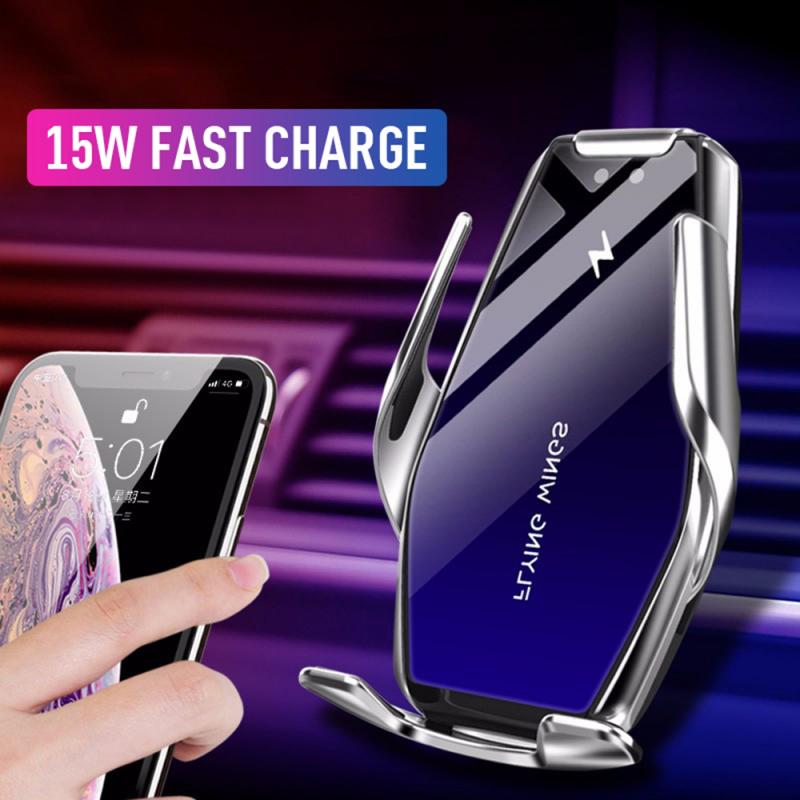 Automatische Spann 15 W Auto Drahtlose Ladegerät Für iPhone Xs LG Infrarot Induktion Qi Drahtlose Ladegerät Auto Telefon Halter Halterung