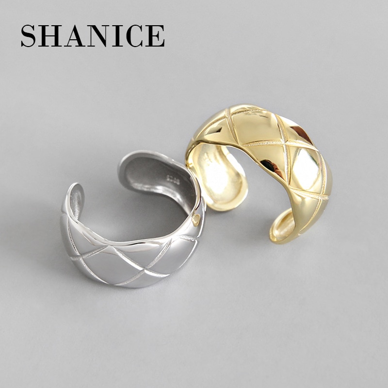 SHANICE INS 925 en argent Sterling Chic Plaid style ouvert bague femmes grand lisse large visage anneaux pour les femmes Punk Style Bijoux Femme